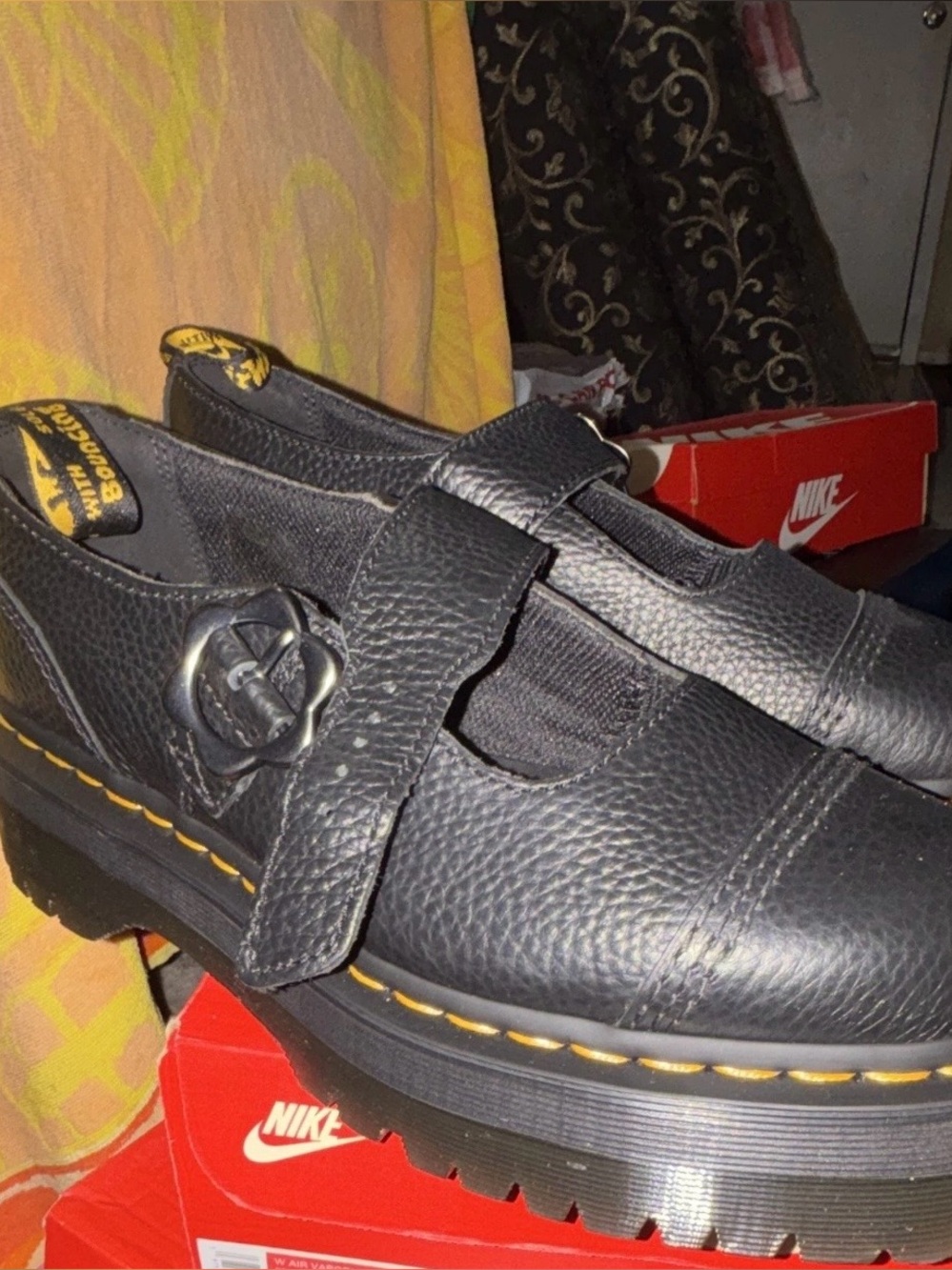 Dr. Martens Black Pebbled Leather Mary Jane with Yellow Stitching